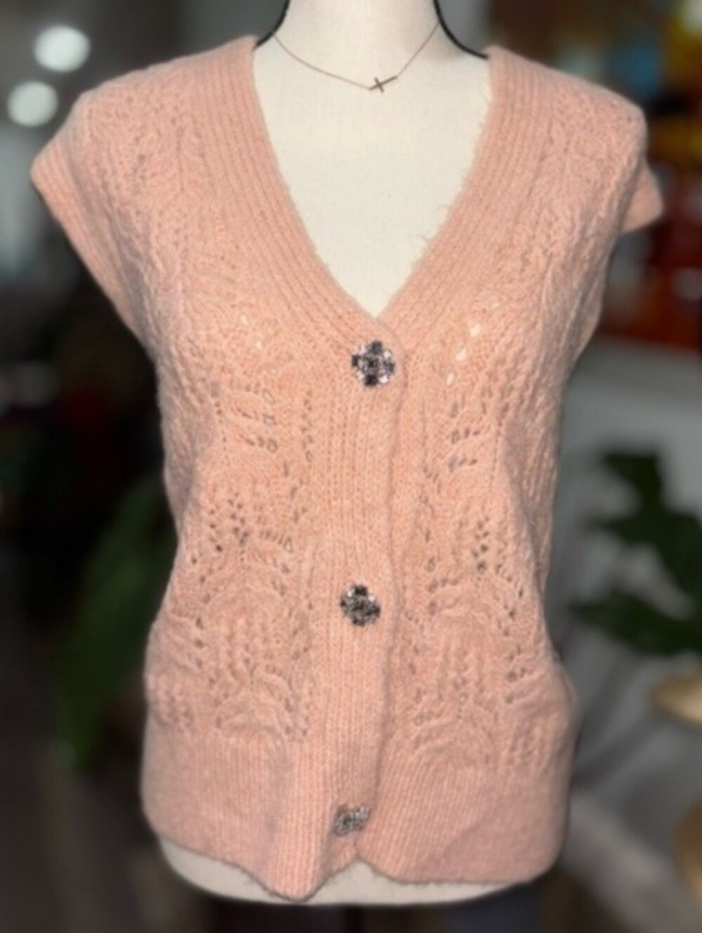 Zara Pink Jeweled Button-Front Sweater Vest Size S